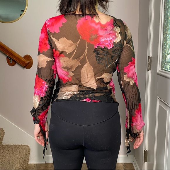 Womens Cache Medium Y2K Black Pink Floral silk Cowl Neck Fairycore whimsical top - Picture 13 of 13